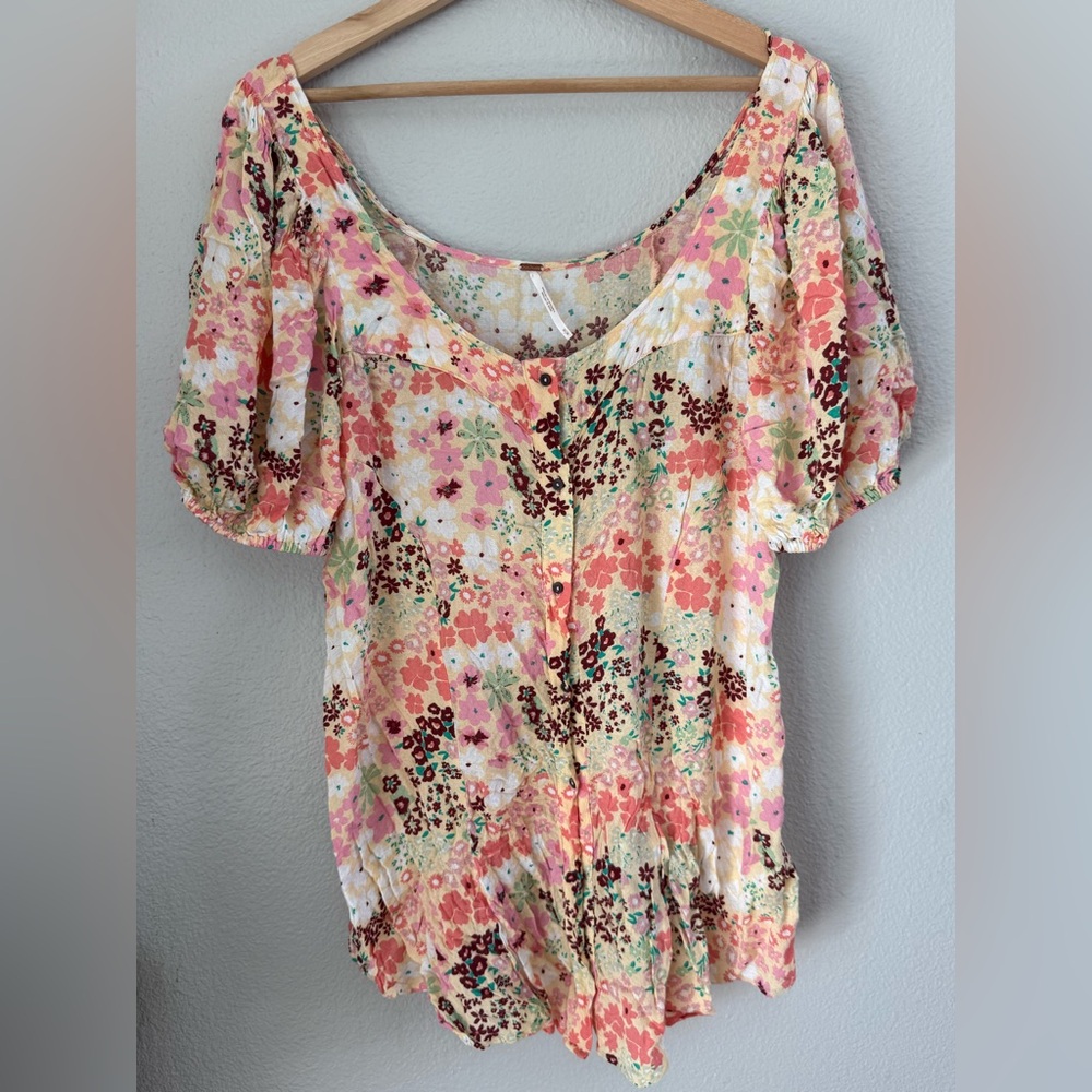 Free People Floral Button-Front Puff Sleeve Top - Pink Peach Green